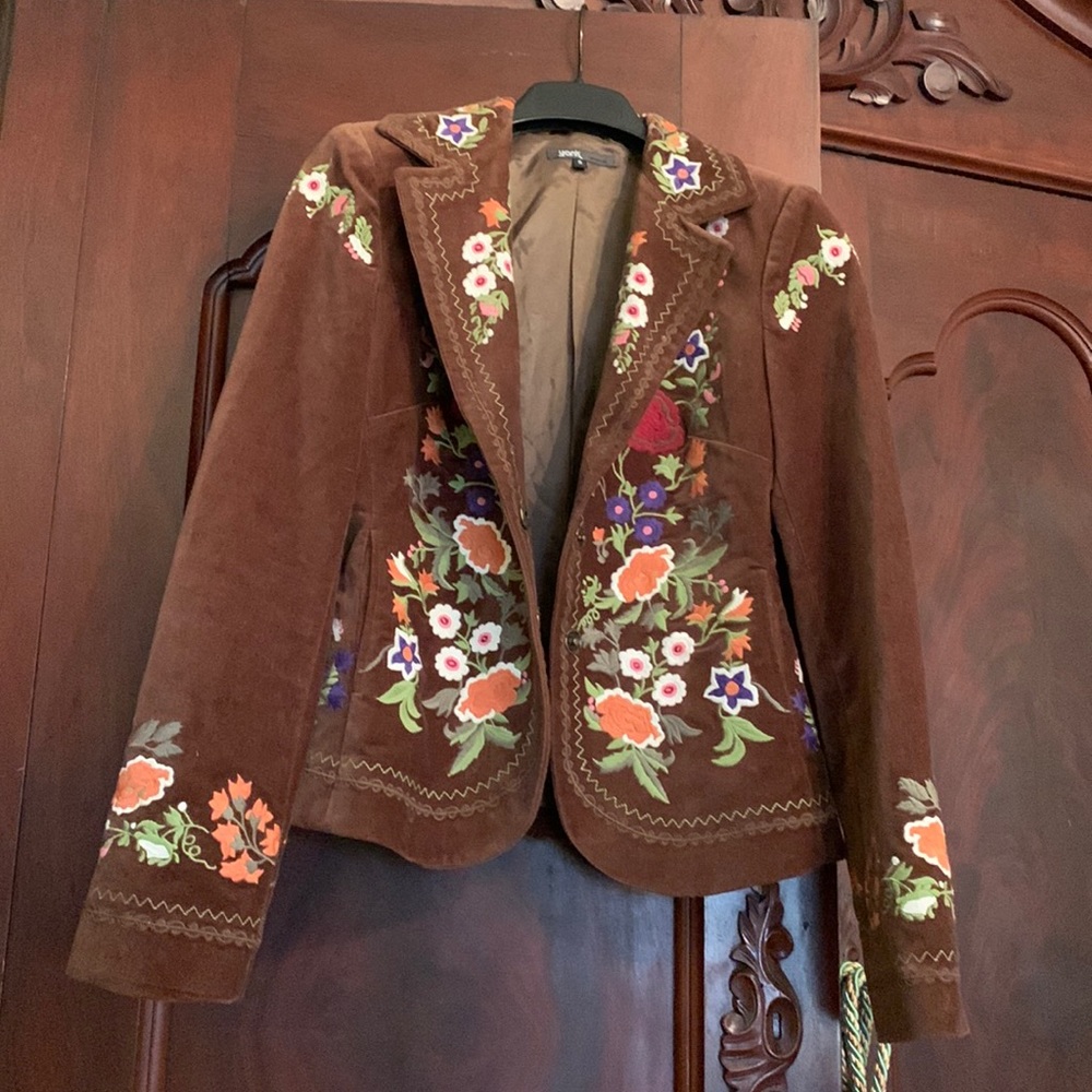 Brown Velvet Jacket with Floral Embroidery